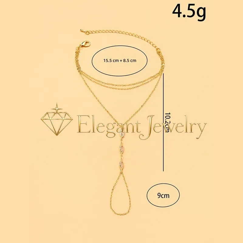 Luxury Silver Plated Single Row Horse Eye Rhinestone Finger Bracelet with Multi Level Diamond Encrusted Back Chain Simple