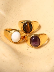 New Waterproof Natural Stone Ring for Women Vintage Gold Color Tiger Stone Rings Adjustable Women Female Chunky Jewelry Gifts