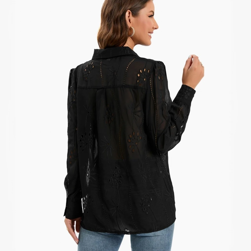 Black Chiffon Shirt Women 2023 New Fashion Transparent Top Wears Preppy Lady Embroidered Lace Blouse