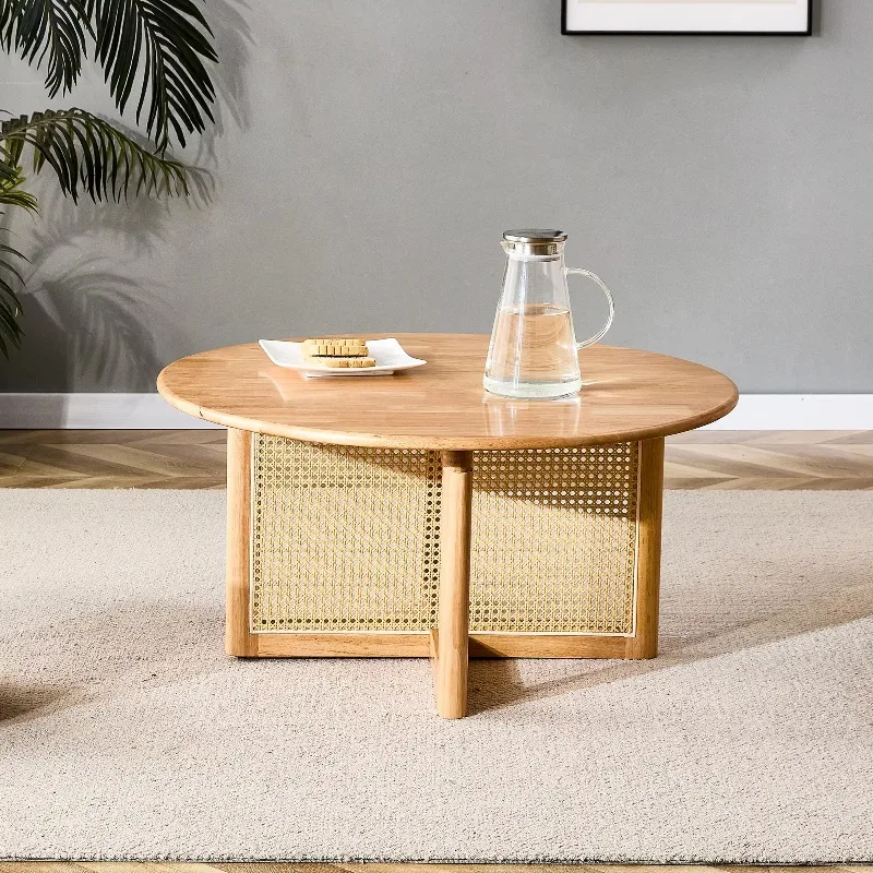US Warehouse Japanese Solid Wood Rattan Tea Table Small Living Room Wood Small Tea Table Wabi-Sabi Wind Simple Round Low Table