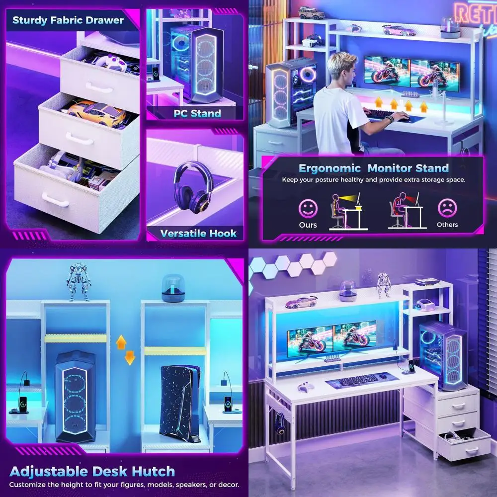 Mesa de Computador Branca 55 com Armário Superior, Gavetas de Tecido, Portas USB, Luzes LED e Suporte para Monitor