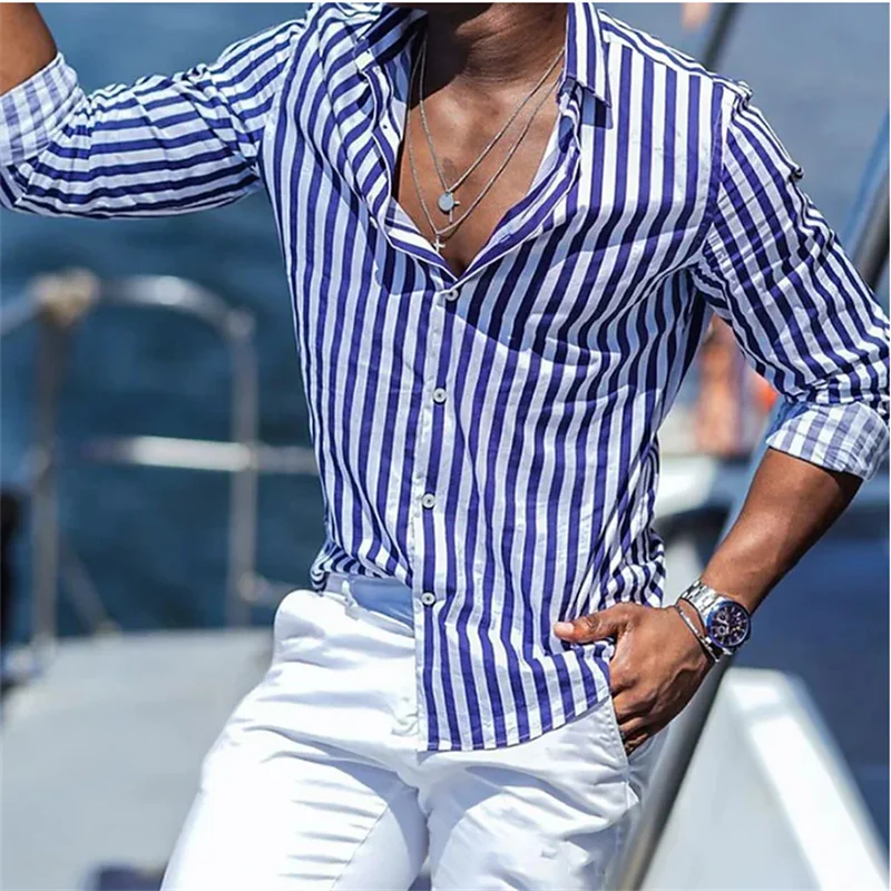 

2023 Fashion Lapel Shirt Striped Plaid Blue Green Shirt Tiger Totem Black White HD Pattern Cuban Broken Collar Fashion Popular