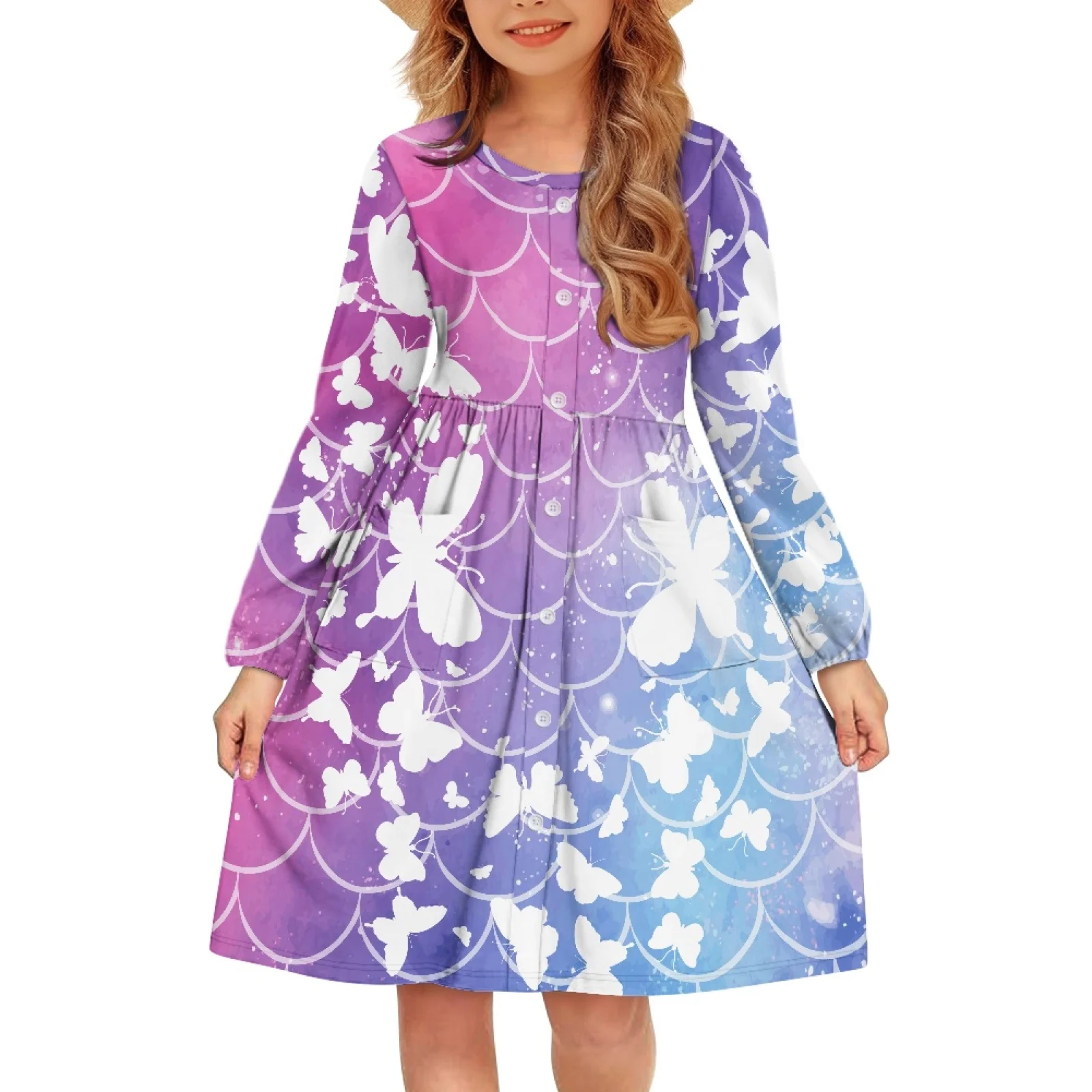 

Cartoon Butterfly Prints Stylish Round Neck For Girls Dress Autumn/winter Kids Fashionable Dress Retro Style Children's Clothing