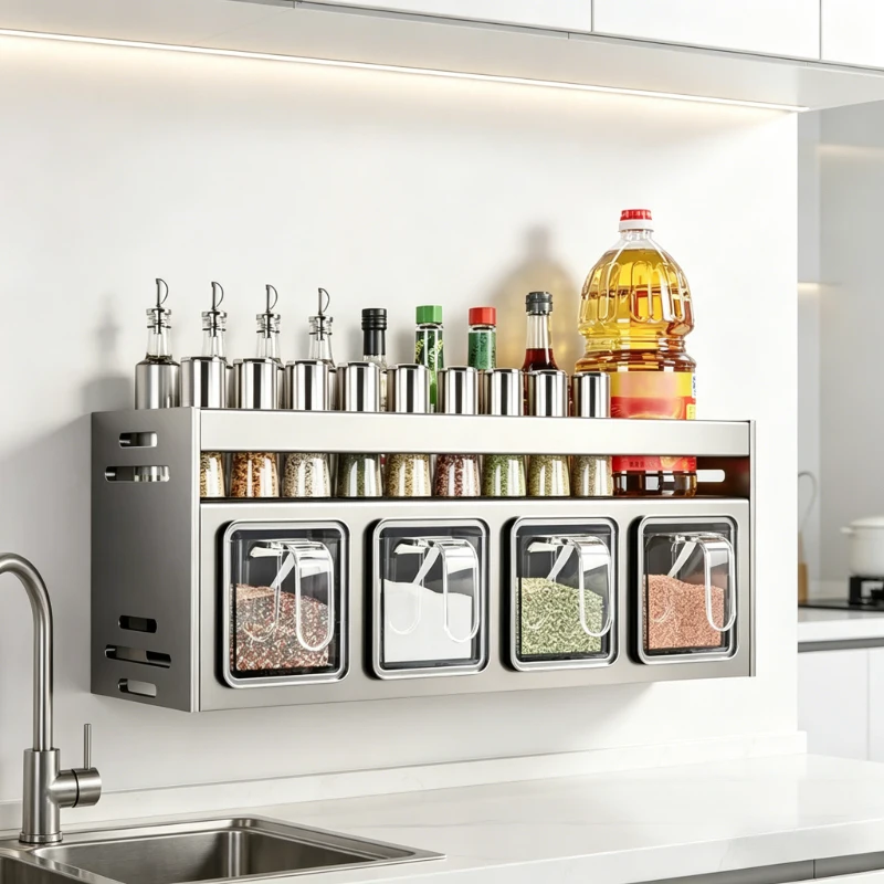 Kitchen wall storage organizer with sturdy stainless steel frame, wall mounted for spice box, jar and daily kitchen storage