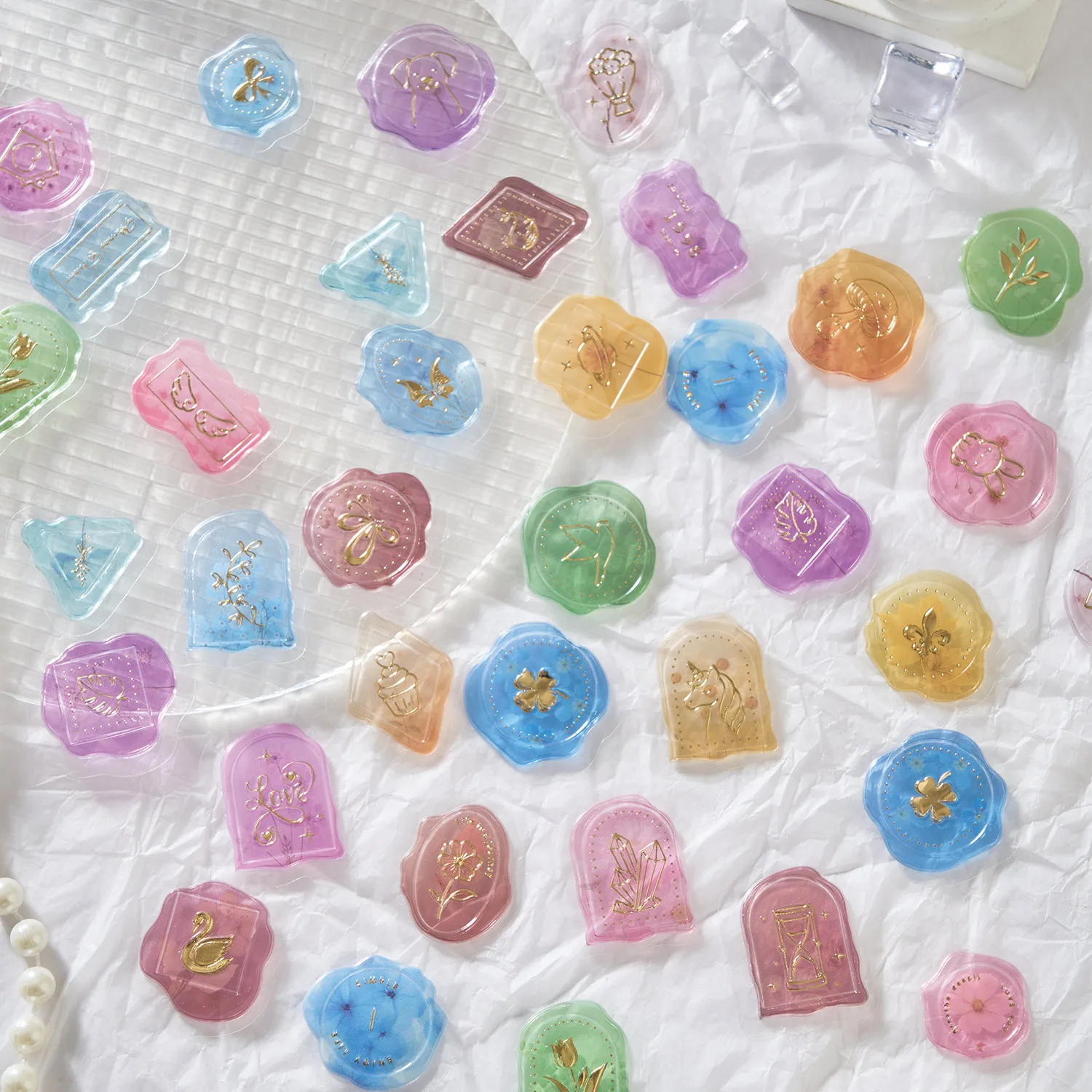 

18pcs Time Whispering Series Kawaii Laser Gold Fire Paint Dropping Adhesive Stickers DIY Scrapbook Aesthetic Sealing Stickers