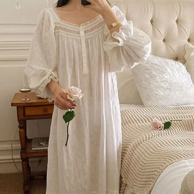 Long Girls Sleeves Dress New Lace Ruffle Loungewear Vintage Home Cotton Looose Women Nightdress French Pajamas Patchwork Female