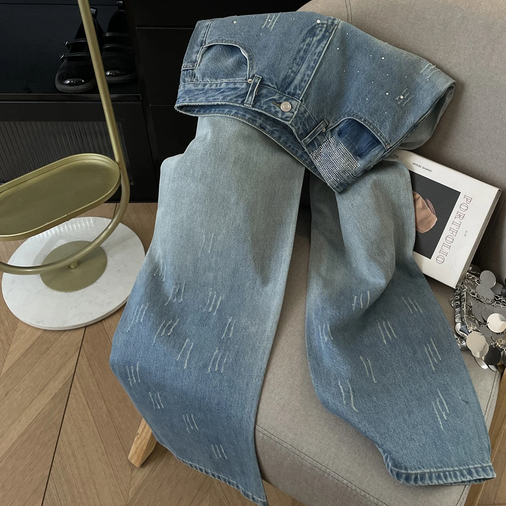 

American Style Straight Leg Jeans For Women Spring Solid Color All Match Loose Pants Simple Hot Diamond High Waist Wideleg Pant