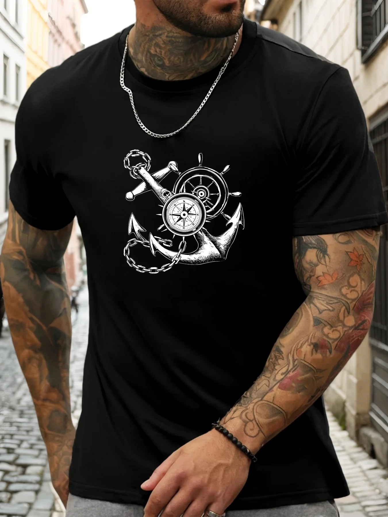 Men'S Summer Casual Short-Sleeve T-Shirt Featuring a Boat Anchor And Compass Design
