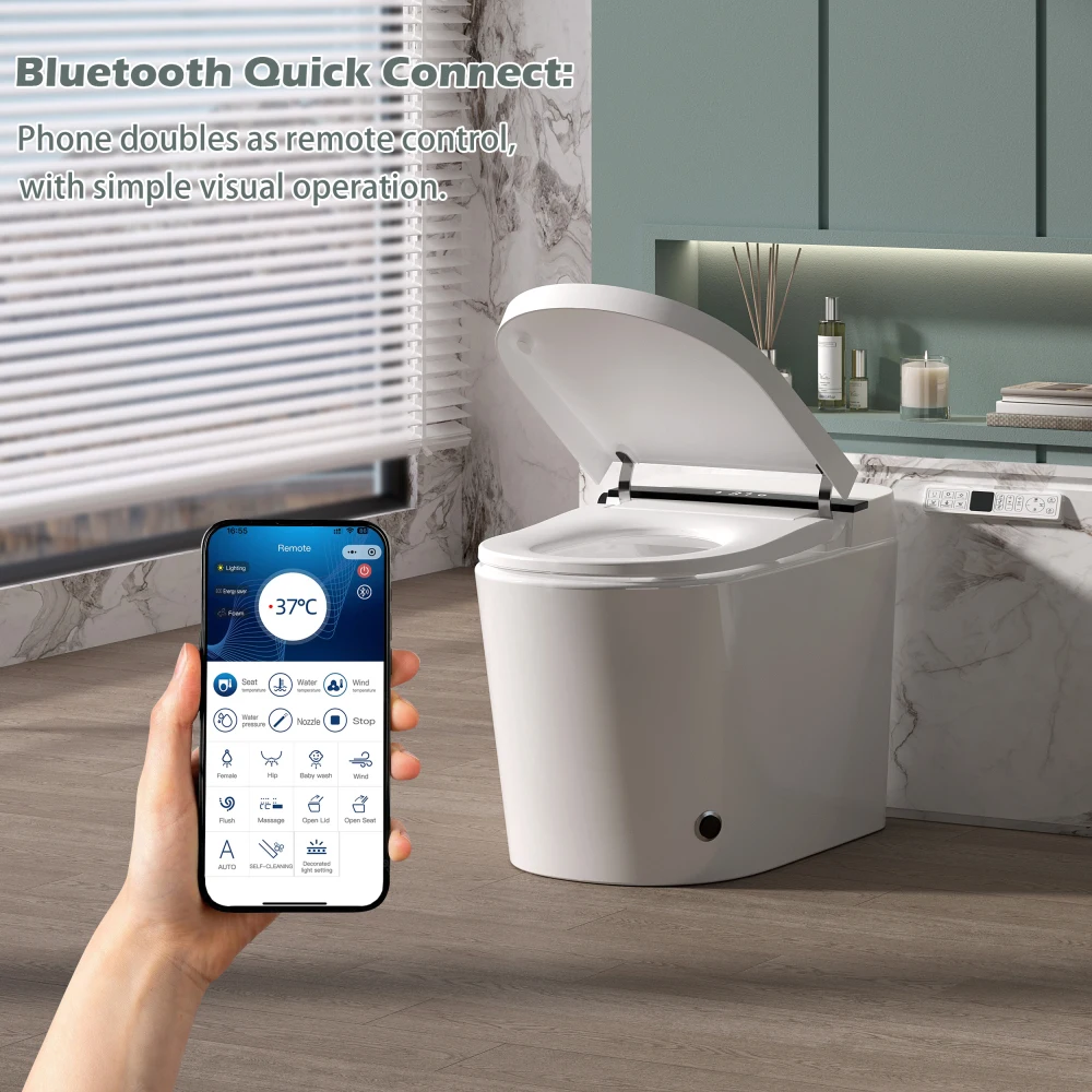 Smart Toilet With Bidet Built-in,Auto Flush, Foot Kick, Hands-Free Adjusted Heated Seat & Warm Air Dyring, Foam Shield Self Cleaning Nozzle,Bidet Toilet 12