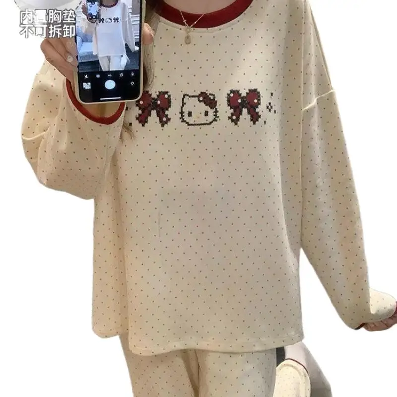 

Sanrios Hello Kittys Pajamas Cute Sweet Home Clothes Polka Dots Hot Sale Creative Cartoon Thick Suit College Comfortable Kawaii