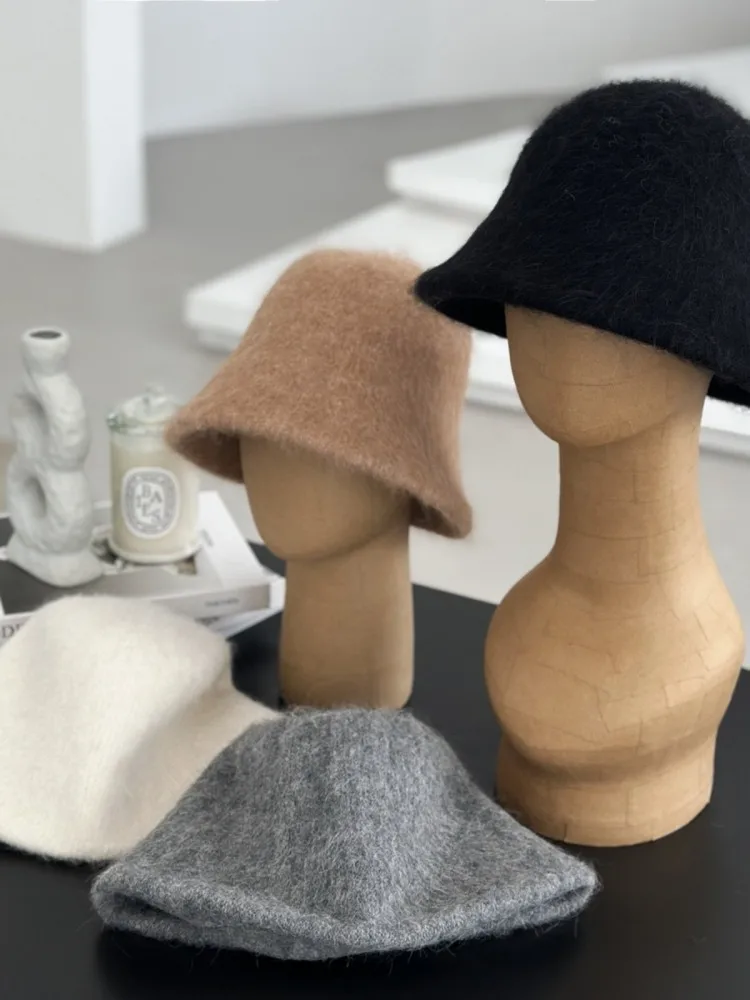 Autumn Winter Women Warm Alpaca Wool Knitted Bucket Hat New Casual Solid Color Elegant Ladies Fisherman Hat Fashion Accessories