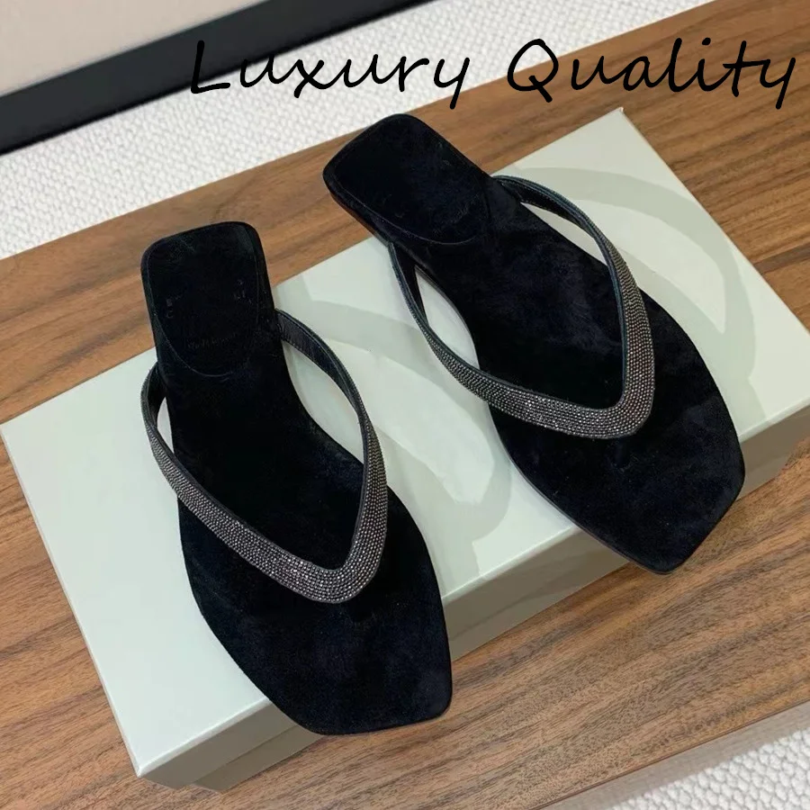 

2024 Leather Flat Slippers Women Round Open Toe Pinch toe Luxury Casual Shoe Cow Suede Slippers Square head Summer