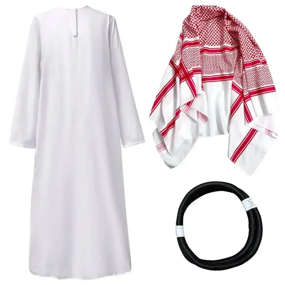 Arabian Dubai Costume Uae Sheik Cosplay White Robe Headscarf for Wealthy Saudi Birthday Costume Halloween Rich Man Outfit Polyes view 4