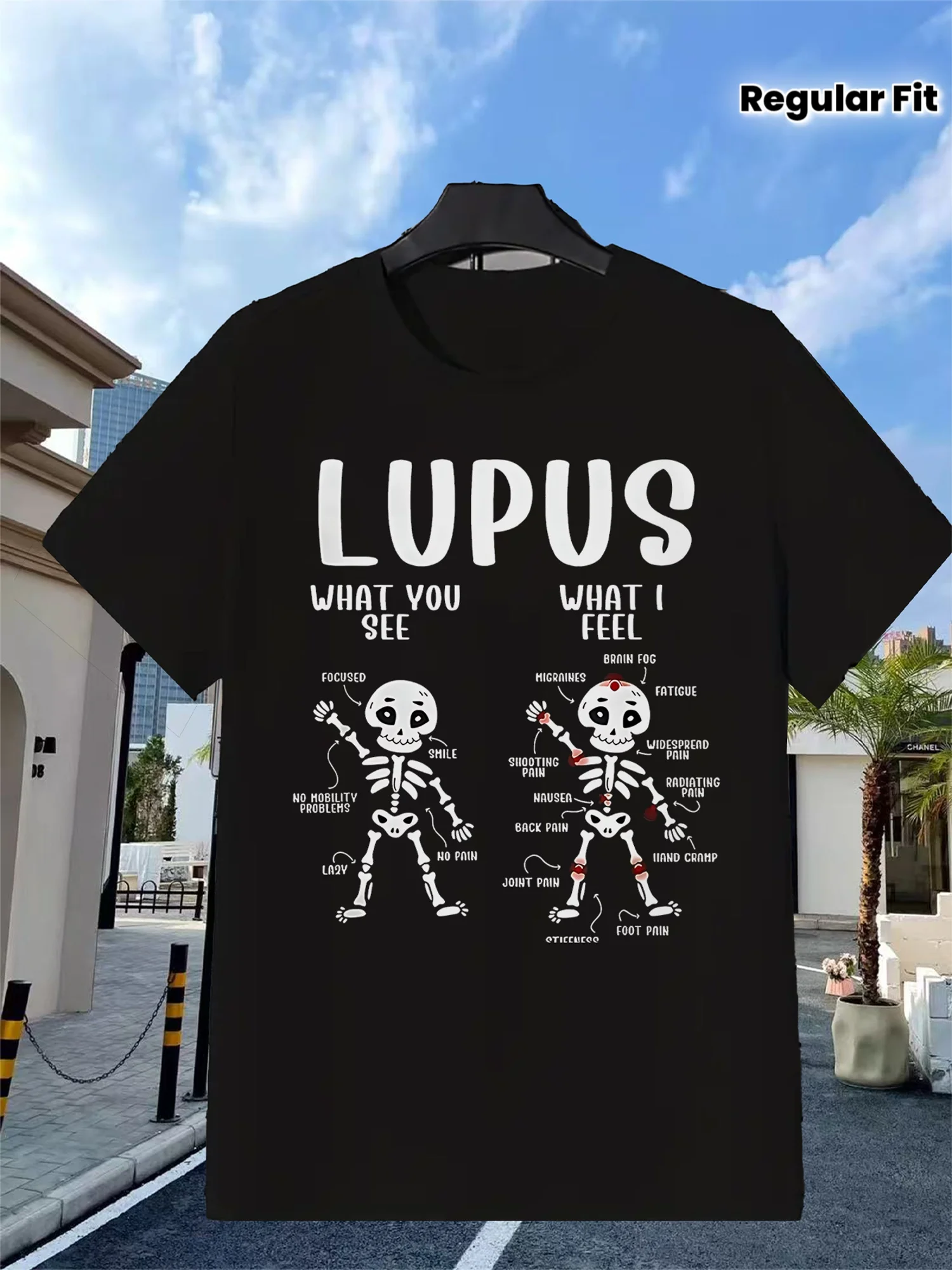 Lupus Awareness T-Shirt | Black Skeleton Comparison What You See What I Feel Lupus Symptoms Graphic Print, Long Sleeve Knit Fabric, Crew Neck, Regular Fit, Perfect for Adults, All-Season, Vintage Style