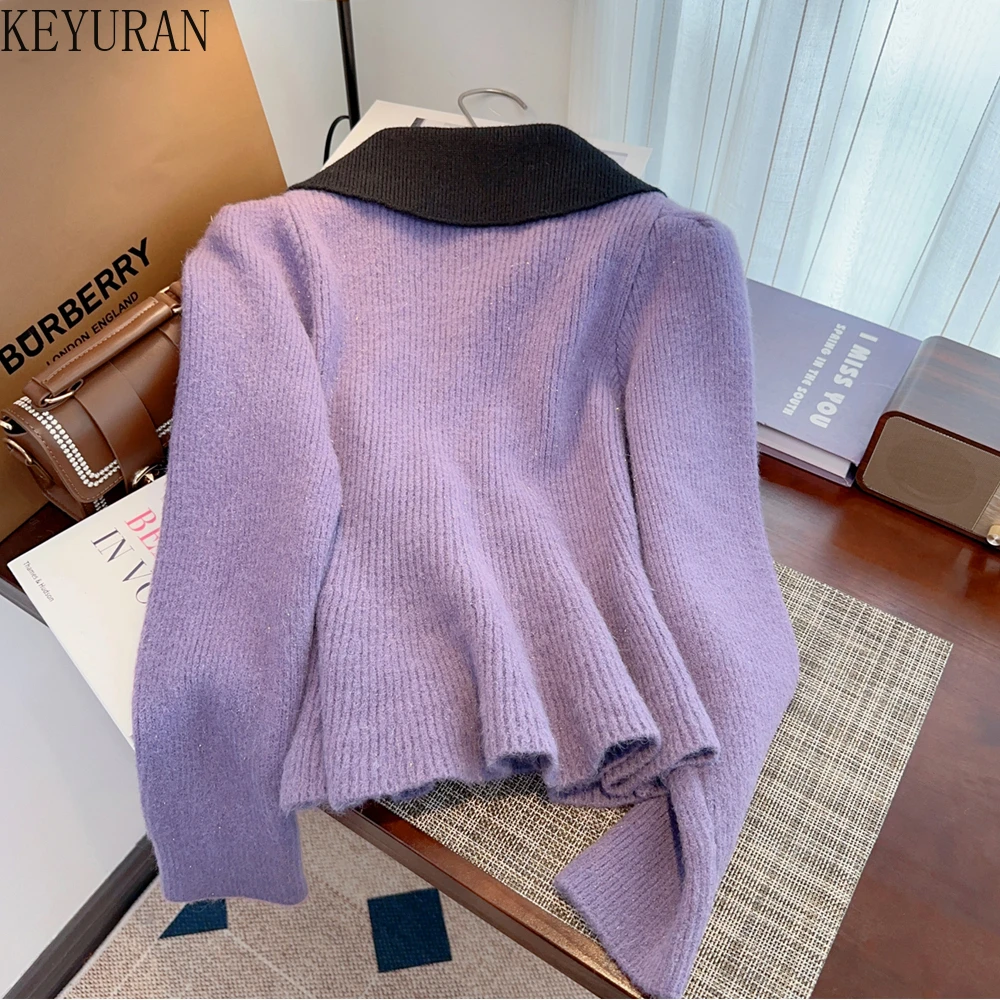 Contrast Color Laple Sweaters Women Clothes 2024 Spring Autumn Vintage Long Sleeve Slim Fish Knitted Cardigan Jumper Tops Femme