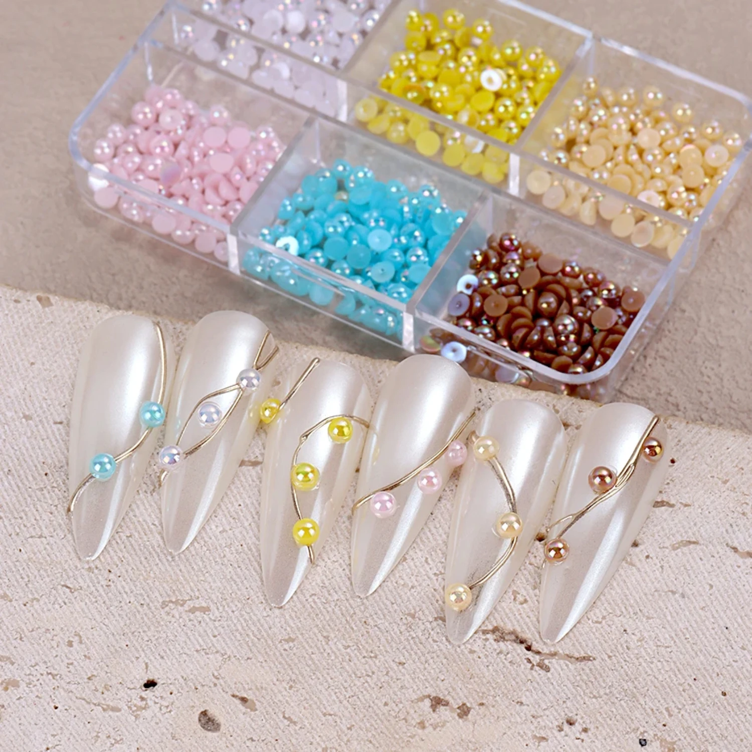 

6 Grids Half Round Flatback Colored Beads Pearls Accessories Colorful ABS Imitation Resin Beads Nail Art Decorations Makeup Tool