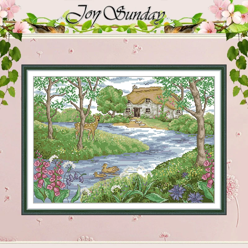 

Springtime Cottage by the River Patterns Counted Cross Stitch Set 11CT 14CT 16CT Stamped Cross-stitch Kit Embroidery Needlework