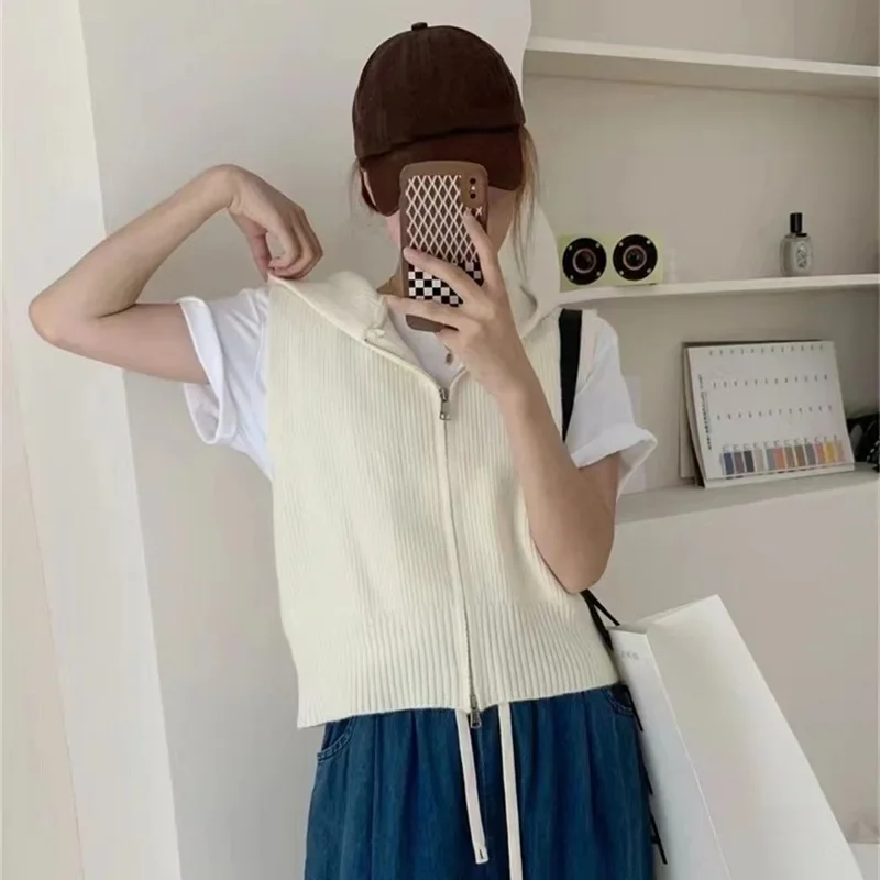 Women Vest Sweater Hooded Sleeveless Sweater Female Solid Y2K Sweaters Zippers Knitwear Streetwear Korean Fashion Tops Outerwear