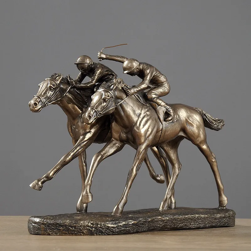 Resin Bronze Finish Two Jockeys Racing Horse Statue Competitive Equestrian Sculpture Home Office Desk Decorative Ornament Gift