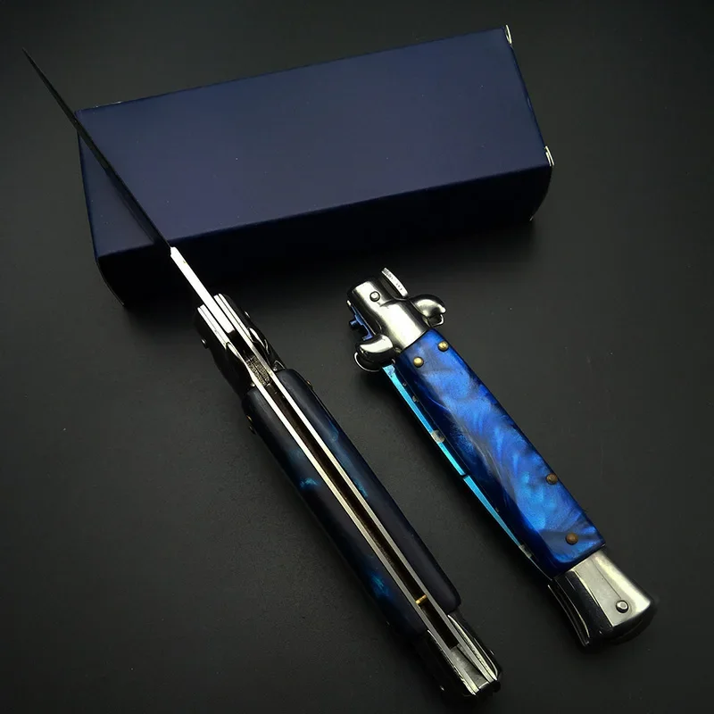 CHRISTMAS Gift Folding Knife Pocket Knife Hunting knife for Traveling Elegant Blue Titanium Resin Handle Godfather Stiletto tool