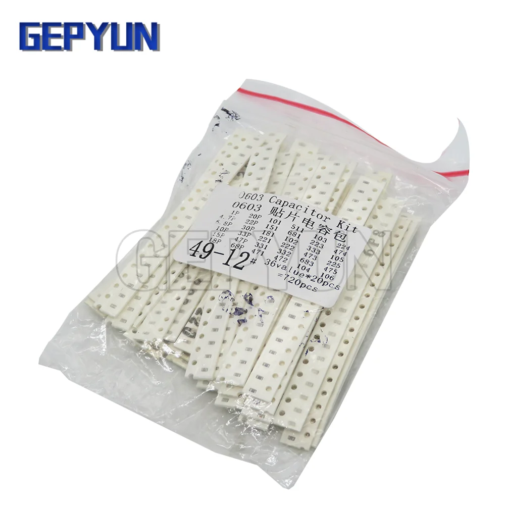 720pcs 0603 kondensator SMD wybrane elementy 1pF-10uF komponent diy zestaw próbek 36 wartości * 20pcs nowy i