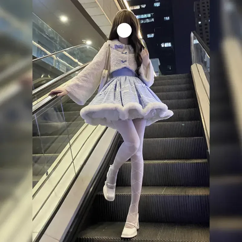 Noël automne hiver Lolita bleu robe élégante 2 pièces ensemble nœud daim manteau court mignon Mini jupe ensemble femmes décontracté polyvalent