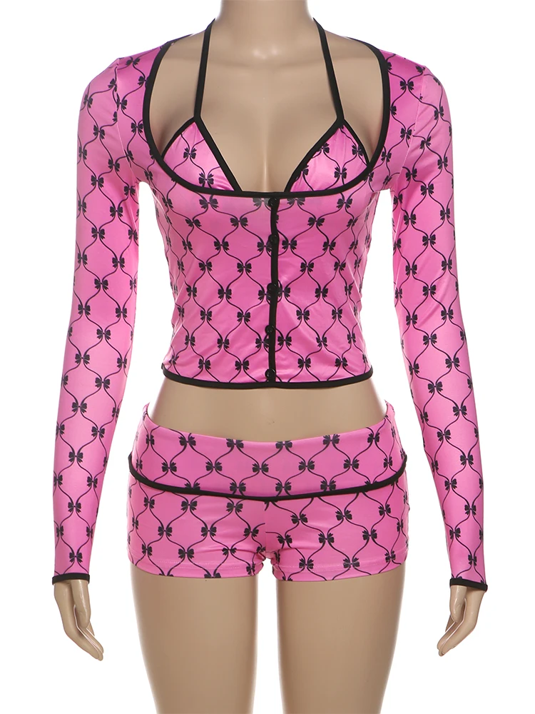 Nibber Hipster Bow Print 3 Piece Set Women Tracksuit Casual Crop Tops+Halte Bra+Mini Shorts Summer Stretch Classic Matching Suit