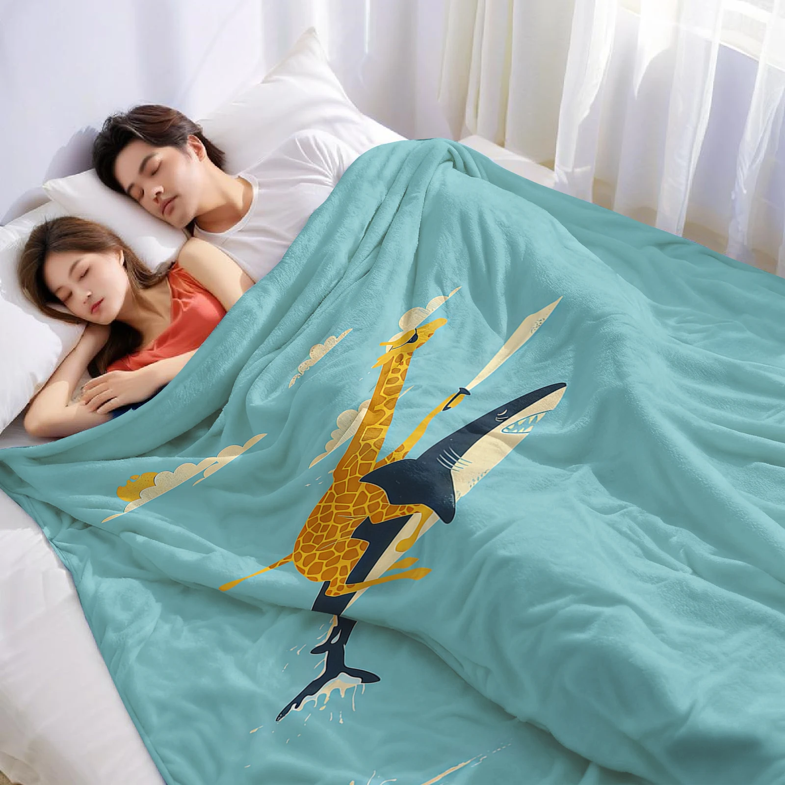 Giraffe Riding Shark Halloween Flannel Fleece Blanket Fluffy Warm Cozy Throw for Sofa Bedroom Home Holiday Decoration Gift