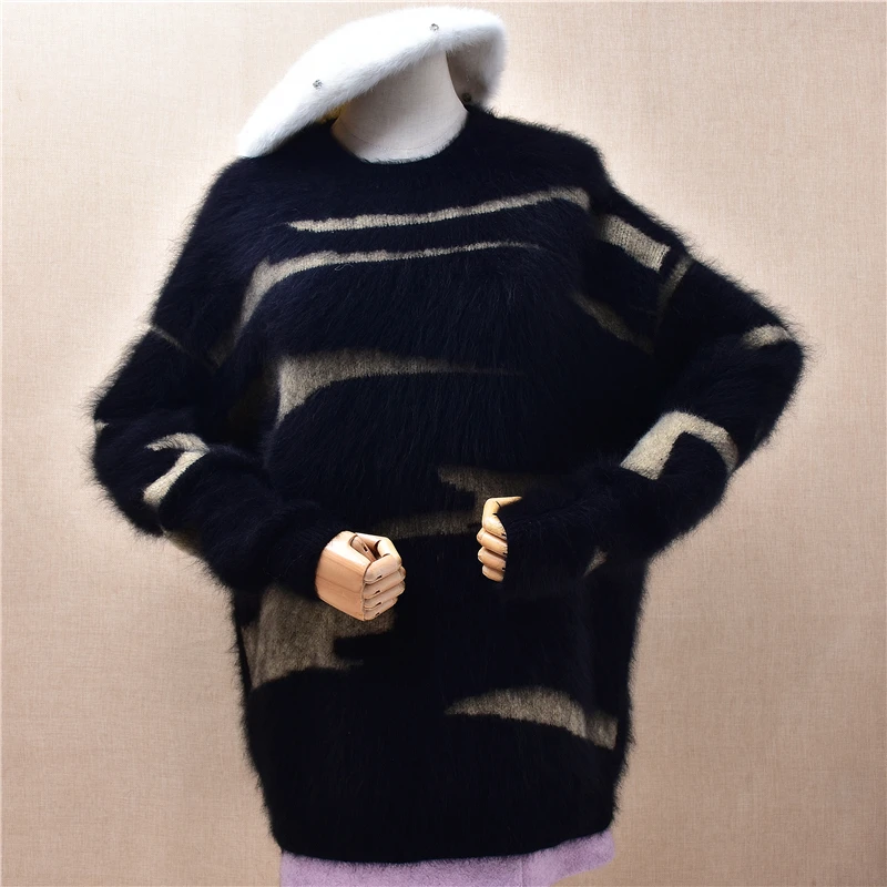Ladies Women Fall Winter Fashion Black Colored Hairy Angora Rabbit Hair Knitted O-Neck Long Sleeves Loose Pullover Sweater Pull