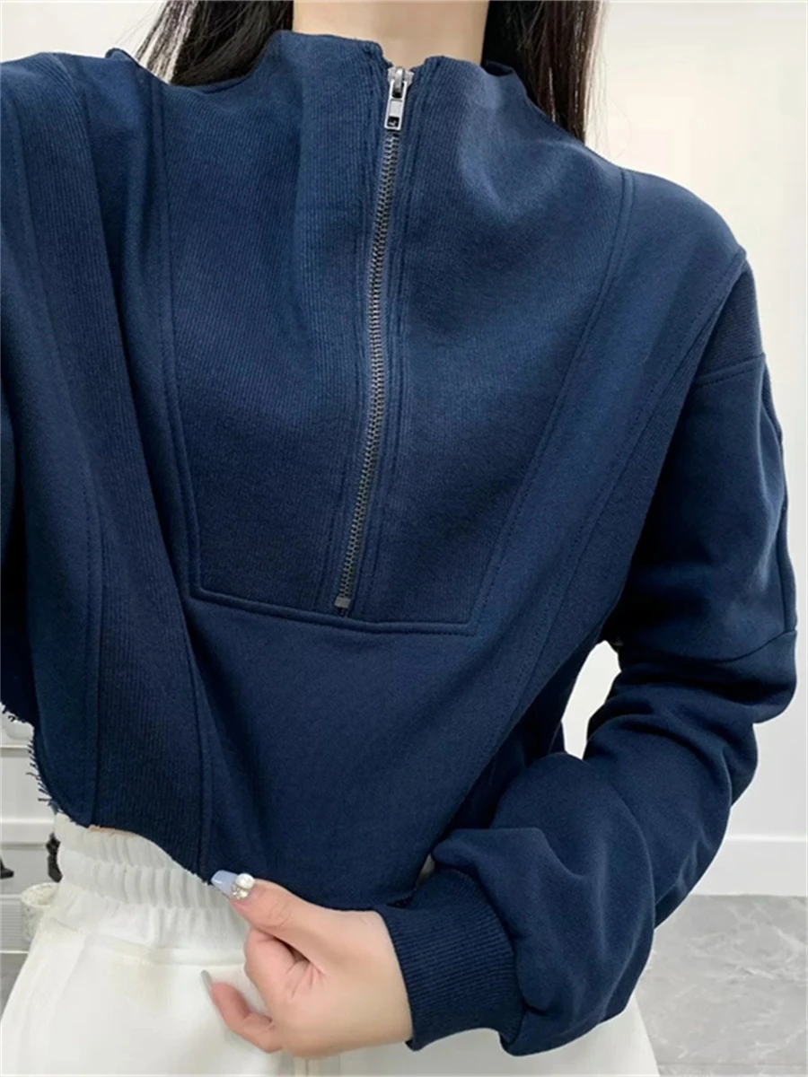 

wsevypo Women Casual Cropped Sweatshirts Solid Color Long Sleeve Stand Neck Zipper Loose Pullover Tops Autumn Streetwear