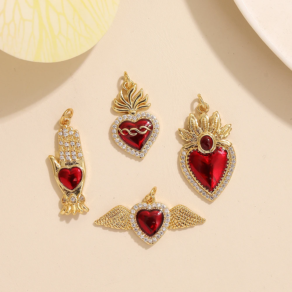 BenS New Sacred Red Heart Charms Victorian Love Zircon Charm Pendants 18k gold plated Wing pendants Jewelry accessories P21