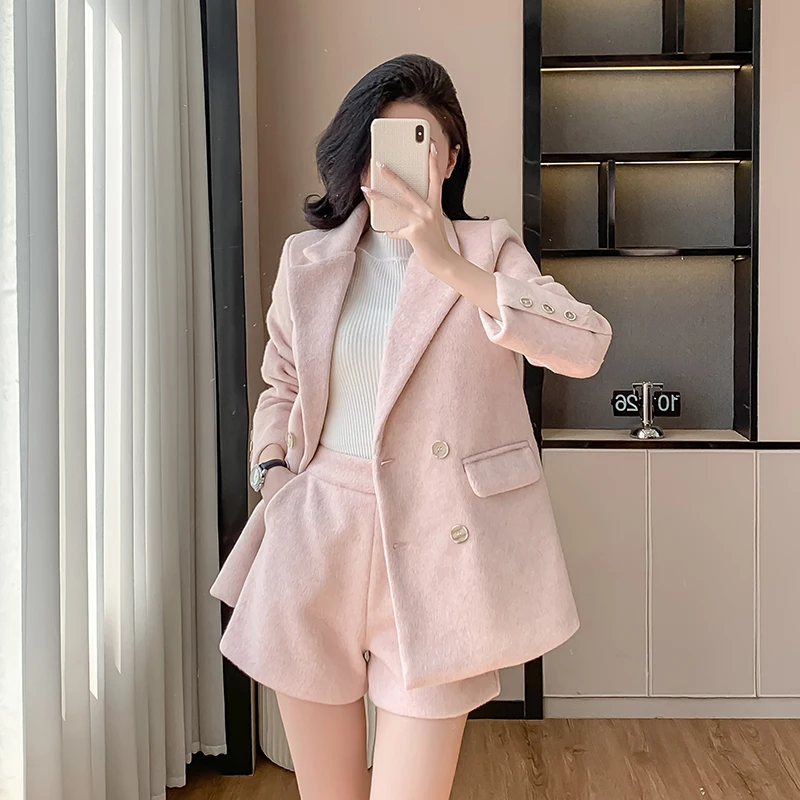 2024 New Autumn Winter Women Pint Wool 2 Piece Set Notched Collar Double Breasted LongSleeve Coat Jacket+Short Pants Sets