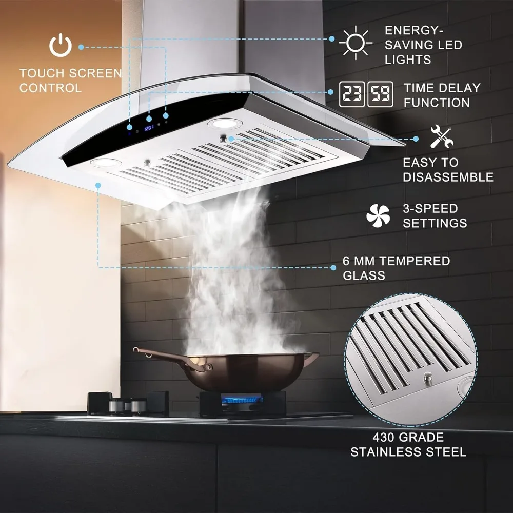 Wall Mount Kitchen Hood with Ducted/Ductless Convertible Duct, Stainless Steel Chimney and Baffle Filters