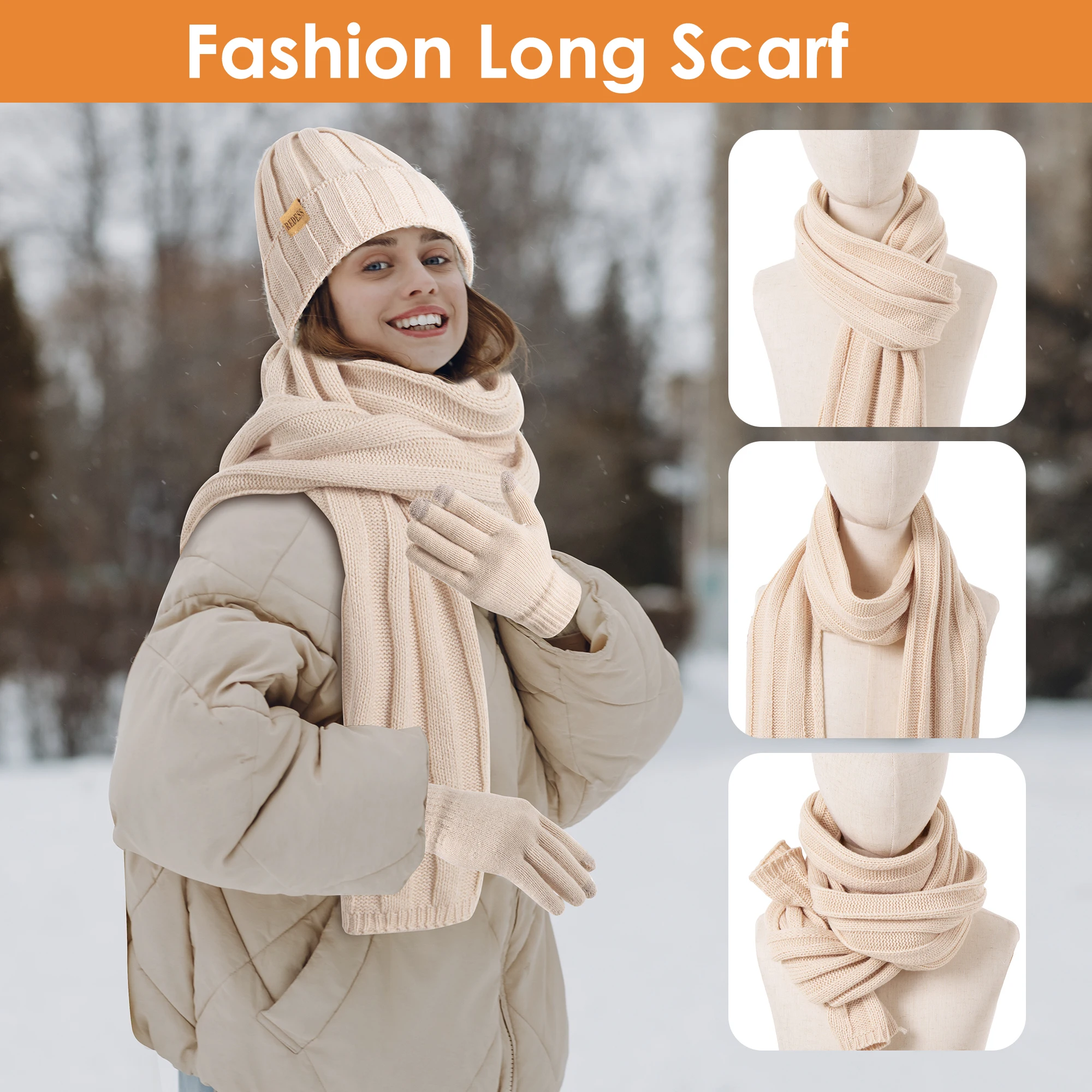 Winter Beanie Hat Scarf Gloves, Warm Fleece Knit Hat Long Scarf Neck Warmer Touch Screen Winter Gloves Set Gifts for Women