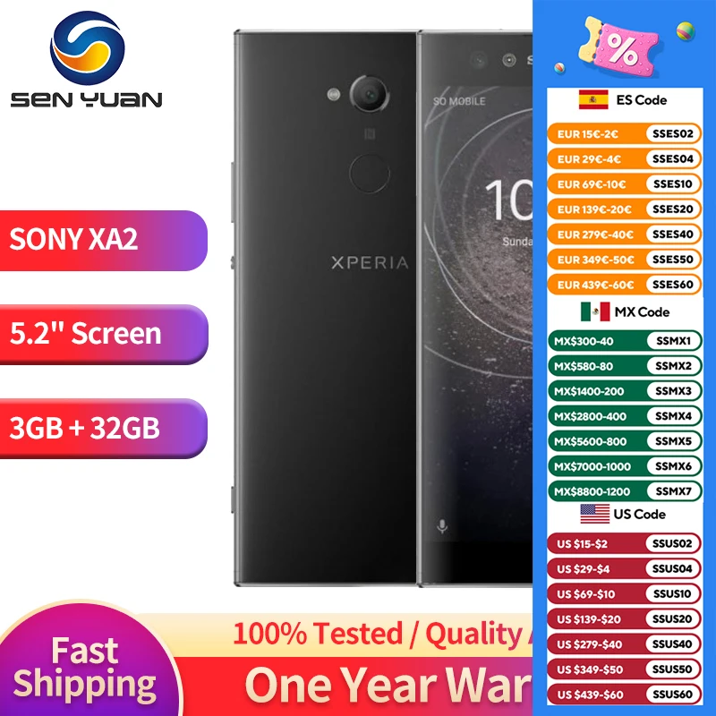 Unlocked Original Sony Xperia XA2 Dual Sim Single SIM Smatphone Octa Core 5.2