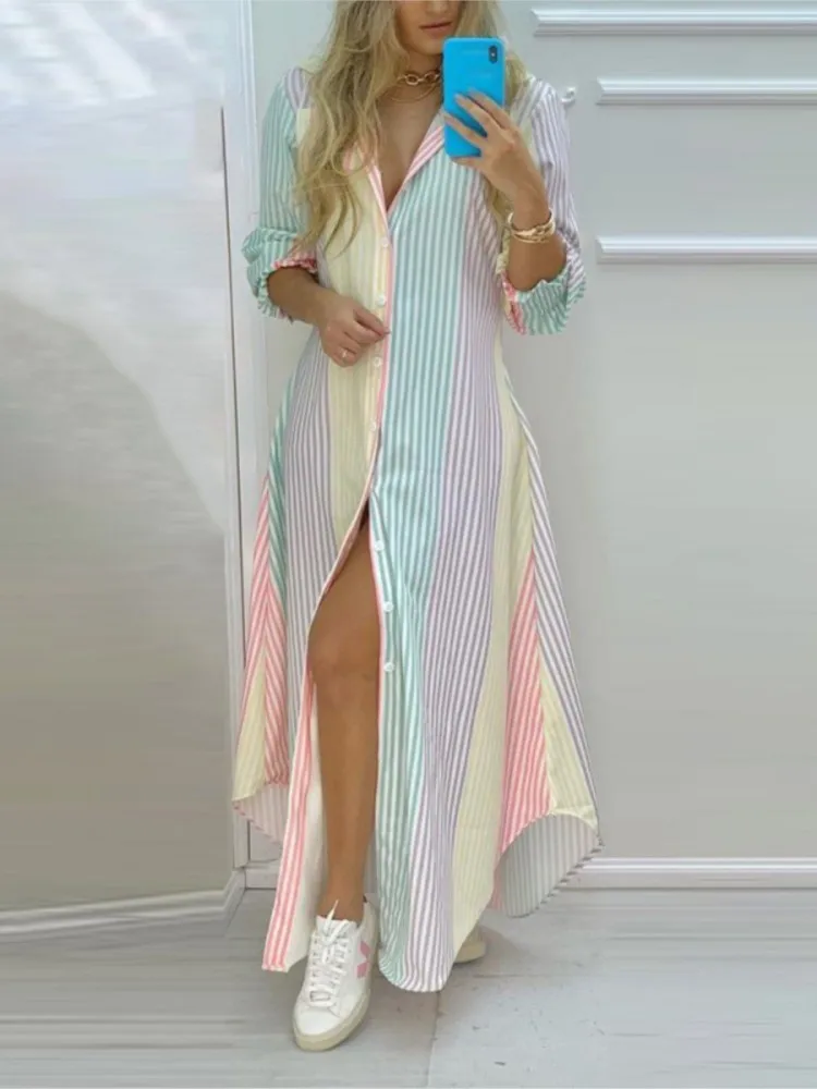 

Women Boho Printed Long Shirts Dress Spring Summer Turn-down Collar Long Sleeve Party Dress Female Casual Maxi Dresses Vestidos