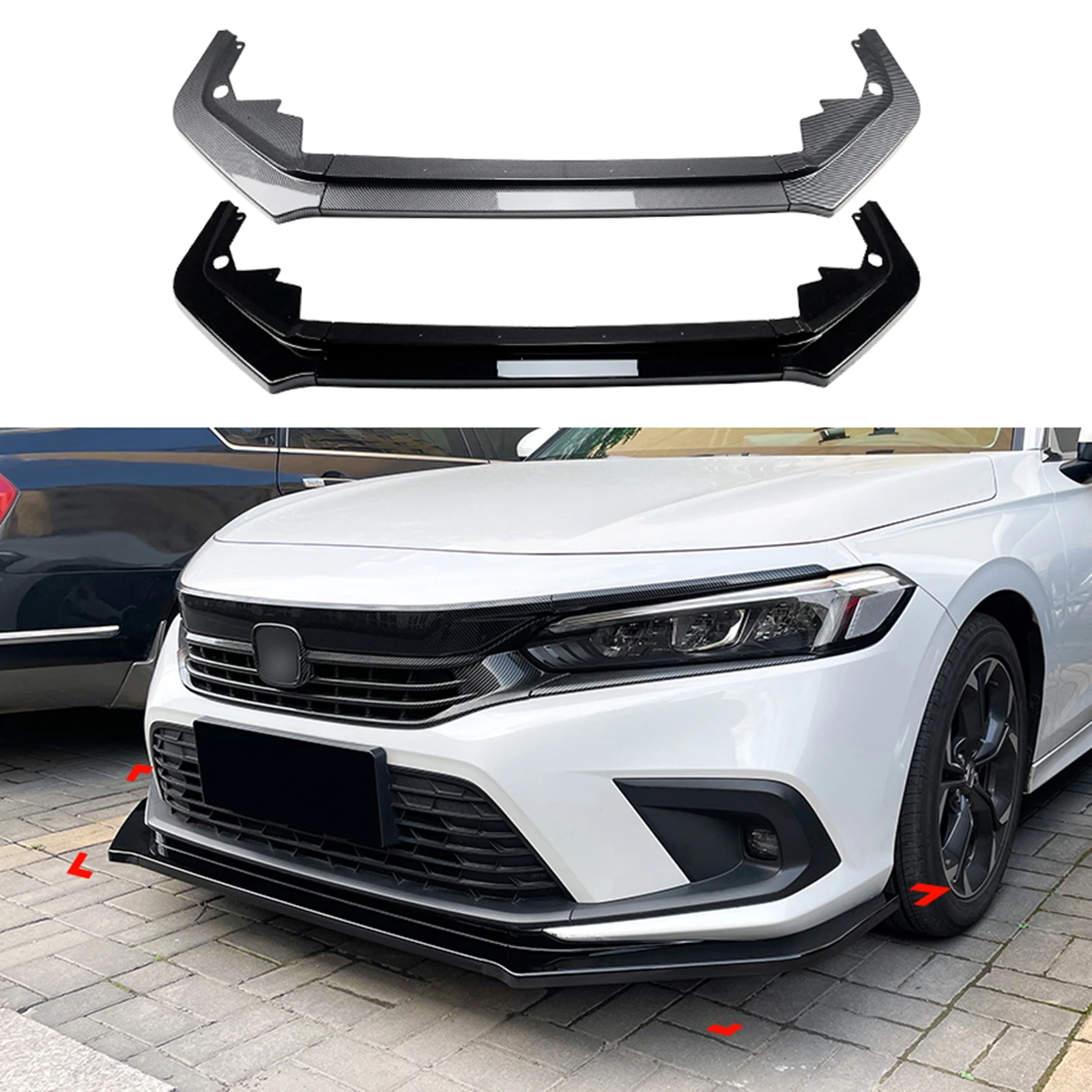 

Front Bumper Spoiler Lip For Honda Civic 11th All Models 2021 2022 2023 2024 4-Door Carbon Fiber Look/Gloss Black Lower Splitter