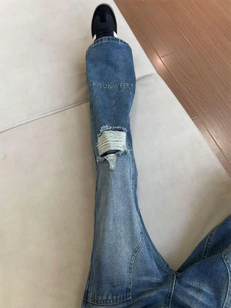 

Blue Men's Straight Leg Jeans Fake Ripped Winter Patchwork Design Workwear Trousers Stand Fit Micro Stretch No Iron