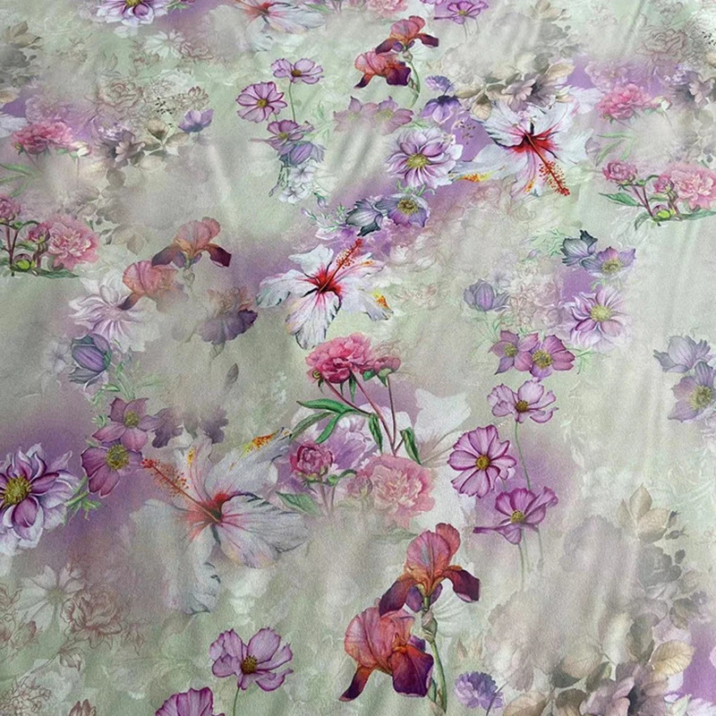 114CM Wide 16MM Purple and Pink Floral Printed Silk Crepe de Chine Fabric for Summer Dress Silk Tissue for DIY Sewing C001-24