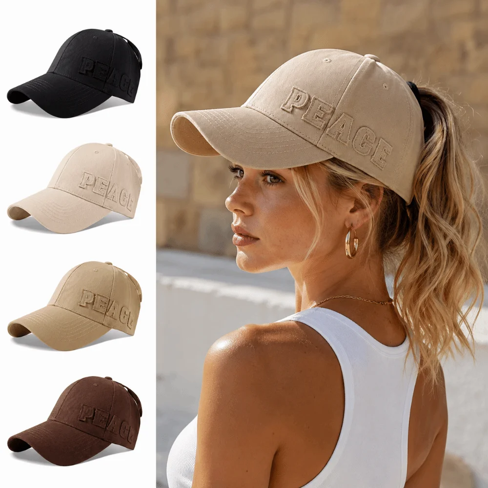 Fashion PEACE Embroidery Ponytail Baseball Cap Curved Brim Adjustable Messy Bun Hat Hollow Top Structured Baseball Cap Women