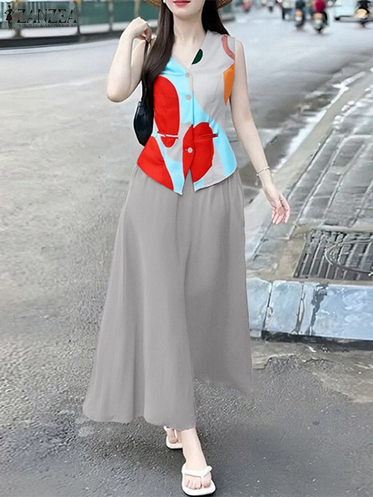 

ZANZEA 2025 Elegant Women Dress Sets Summer Vintage Print Two-piece Outfits Sleeveless V-Neck Tops and Long Maxi Skirt Suit 2PCS