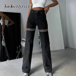 TWOTWINSTYLE Hollow Out Patchwork Diamonds Jeans For Women High Waist Spliced Pocket Casual Denim Pants Female Fashion Clothes