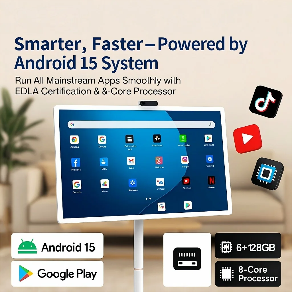 

32-дюймовый смарт-экран Android 15 6G+128G, напольная подставка для телевизора с пультом дистанционного управления, видеозвонок с камерой 2K, встроенное питание от батареи 148 Втч