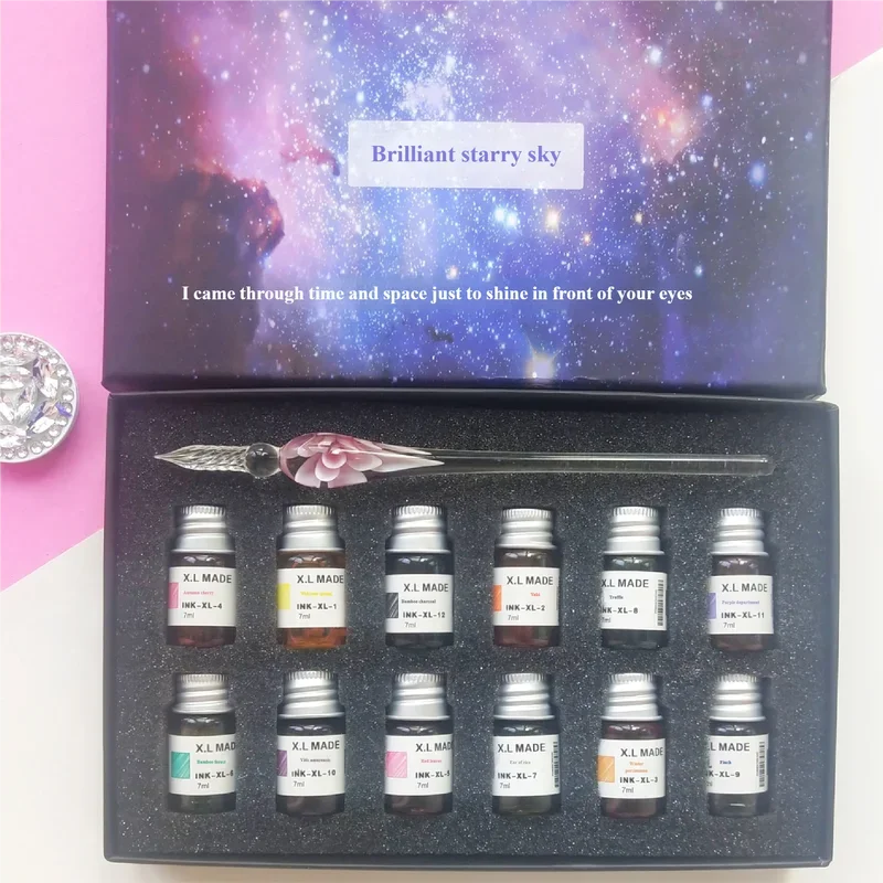 قلم زجاجي على شكل نجمة مغموس في صندوق هدايا قلم حبر مسحوق ذهبي مجموعة حبر ملونة للطلاب، قلم هدية إبداعي باللون الأحمر الصافي من Tiktok #1