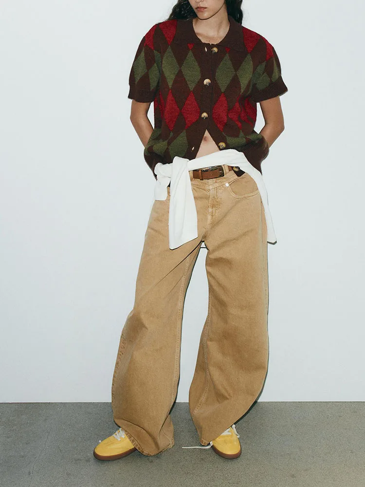 

Sweet ort Sve Diamond Pattern Knitted irt Jaet New Arrival Autumn 2025 Casual Sle round Ne Girl's Outerwear