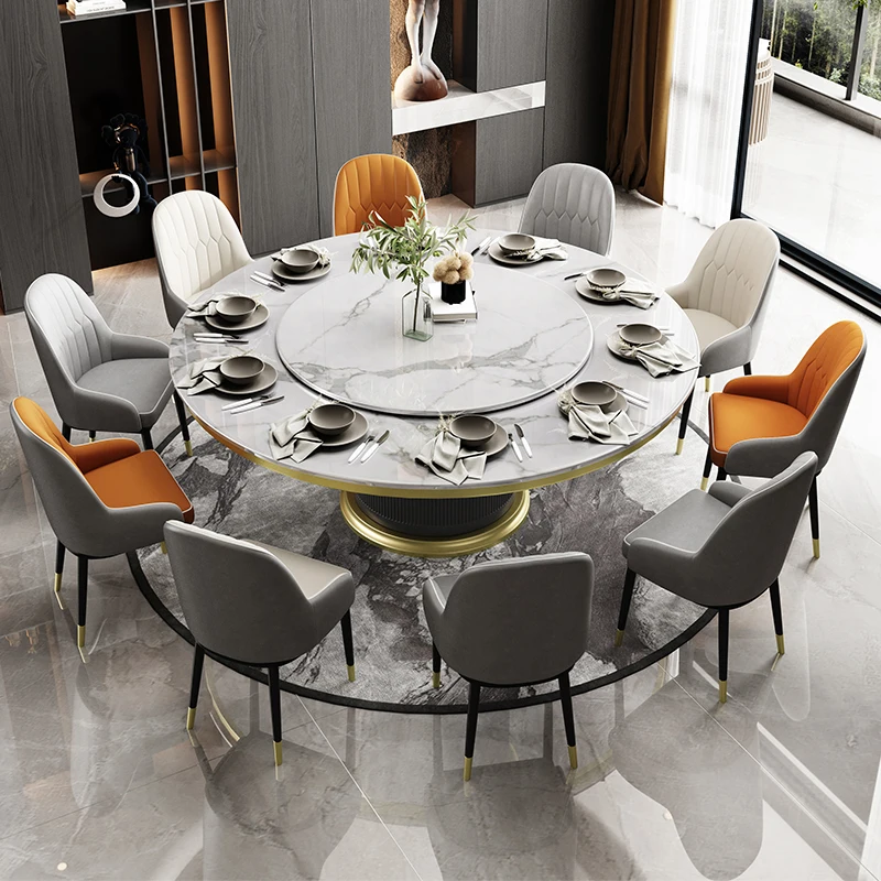 طاولة طعام وكرسي من البلاط الصخري، مجموعة مستديرة بطول 2 متر، شقة كبيرة فاخرة وحديثة وبسيطة