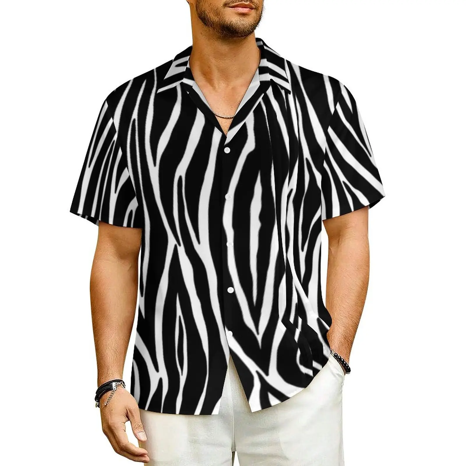 Zebra Print Vacation Shirt Mens Black And White Stripes Cool Casual Shirts Hawaii Short Sleeves Comfortable Oversized Blouses