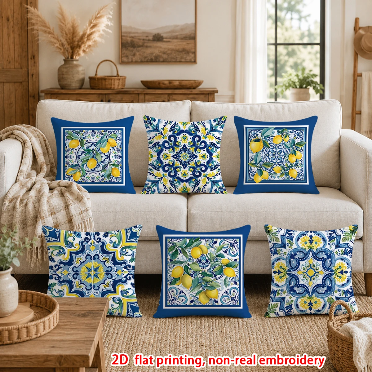 6pcs  Summer Lemon Blue Porcelain Pattern Throw Pillow Covers Set of 6 Coastal Farmhouse Decorative Cushion Cases for Sofa