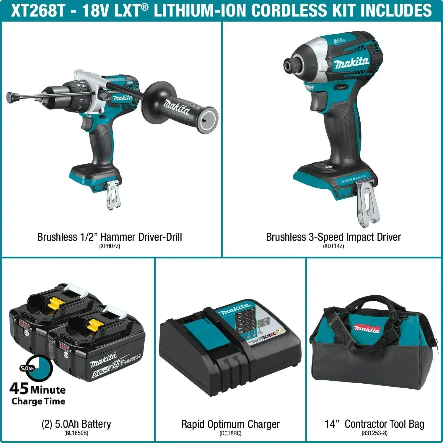 Makita XT268T 18V LXT Lithium-Ion Brushless Cordless 2-Pc. Combo Kit (5.0Ah)