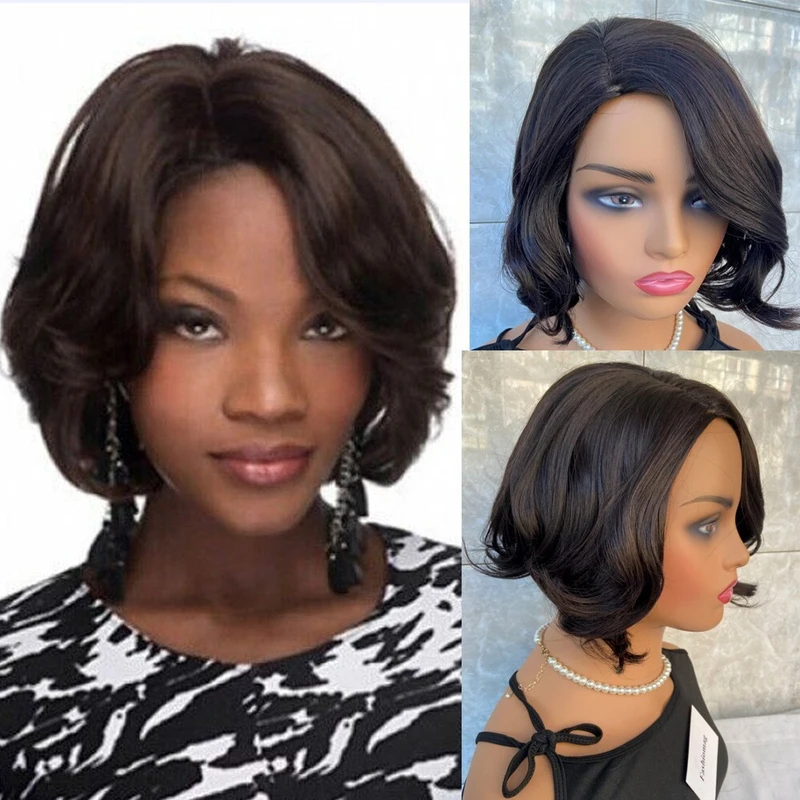 Short Natural Wavy Side Part Hair African American Wig Women Natural